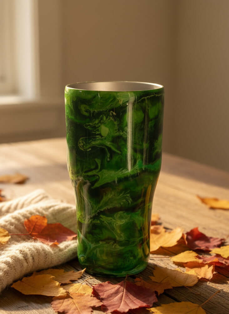 Nancy’s Designs Aura 20oz tumbler with a sleek, colorful design and stainless steel body, perfect for hot and cold beverages.